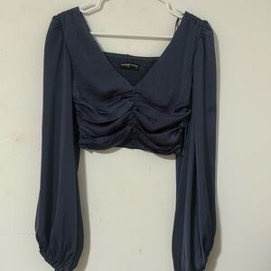 Black Ruched Crop Blouse with Long Sleeves